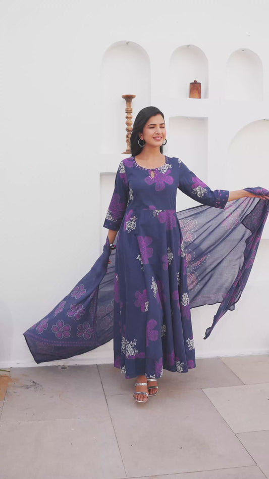 Soft Cotton Bandhani Anarkali Blue Kurta