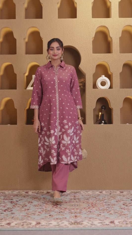 Embroidered Blended Silk Floral High Low Purple Kurta