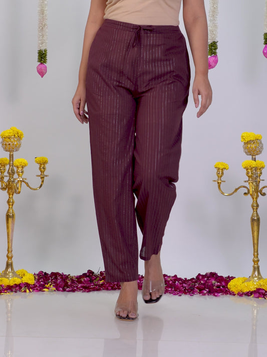 Lurex Cotton Solid Brown Tapered Trousers