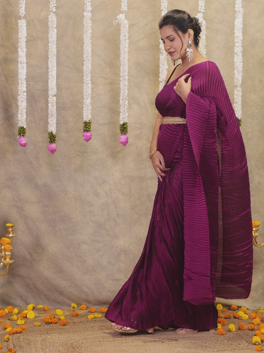 Pleated Chiffon Solid Burgundy Saree