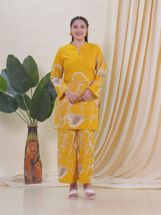 Soft Cotton Placement Print Straight Yellow Kurta