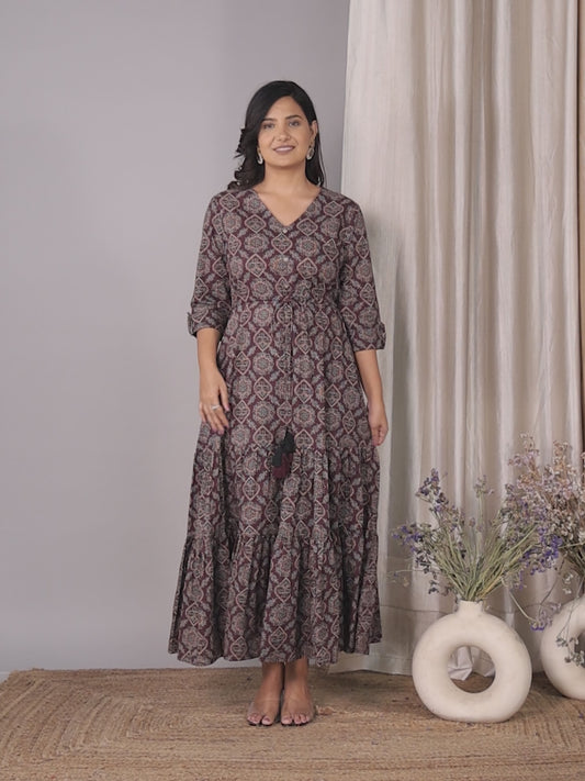 Soft Cotton Geometric A-line Wine Dress