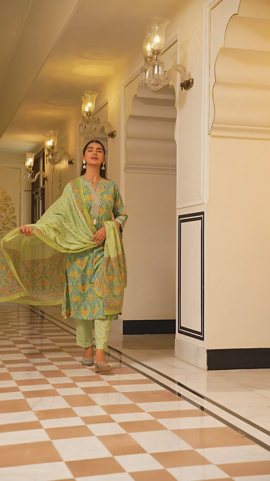 Embroidered Soft Cotton Floral Straight Green Kurta