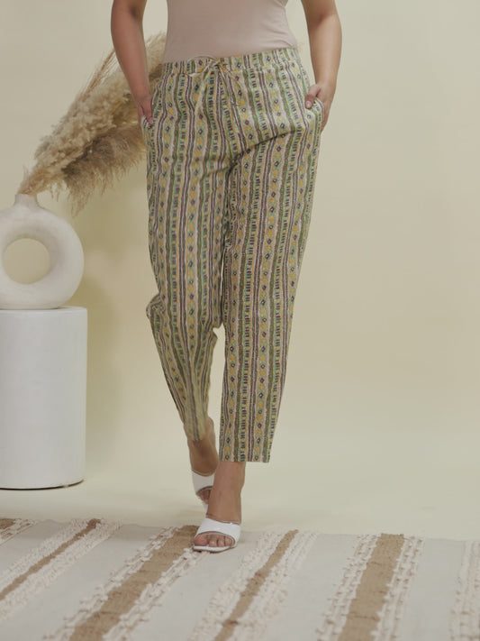 Soft Cotton Striped Green Tapered Trousers