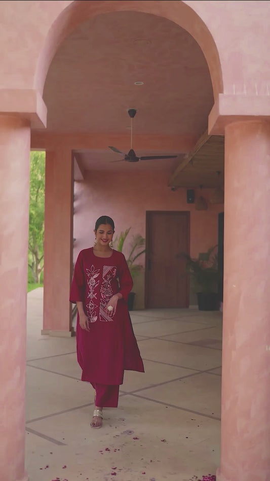 Embroidered Blended Silk Solid Straight Maroon Kurta