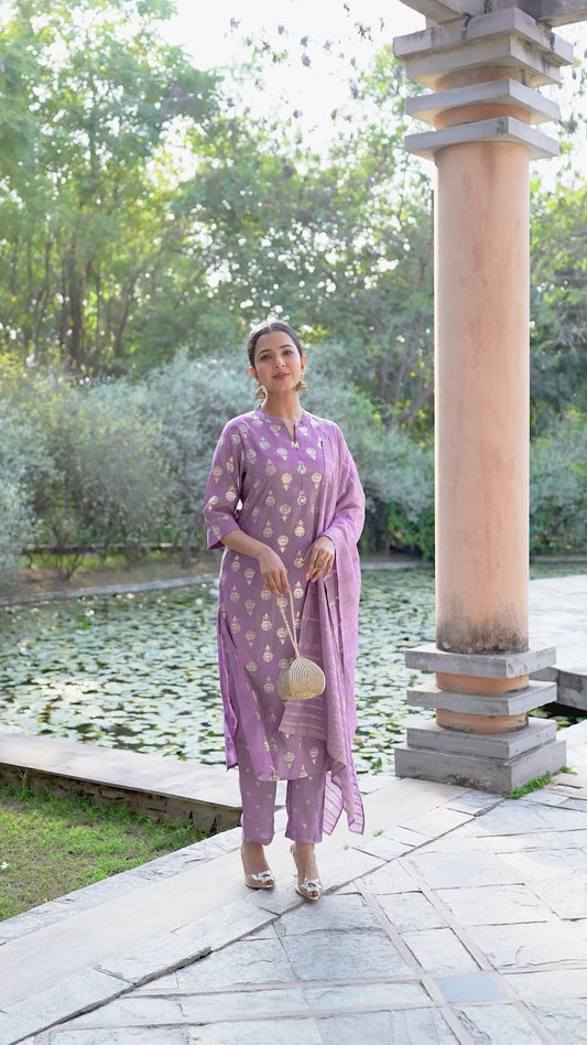Chanderi Gold foil Straight Purple Kurta