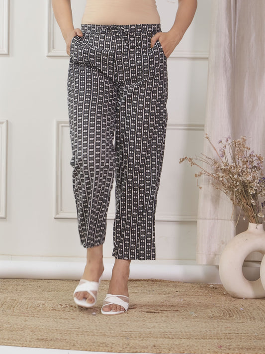 Soft Cotton Geometric Black Straight Trousers