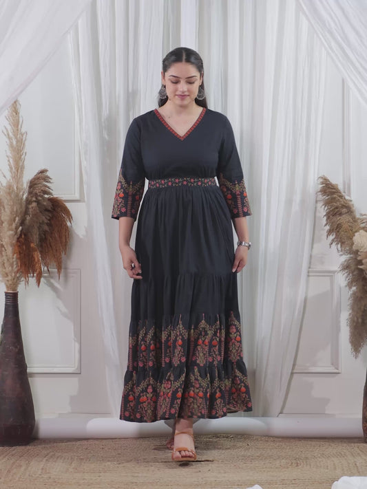 Soft Cotton Solid Anarkali Black Dress (With Belt)