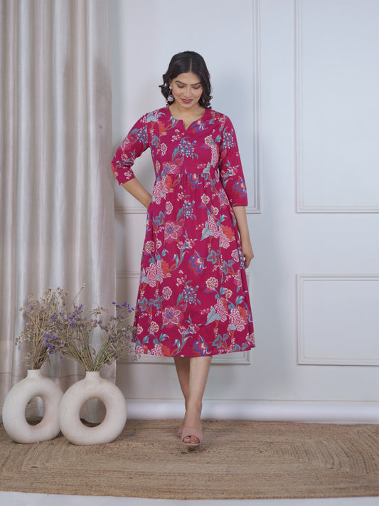 Soft Cotton Floral Panelled Pink Dress