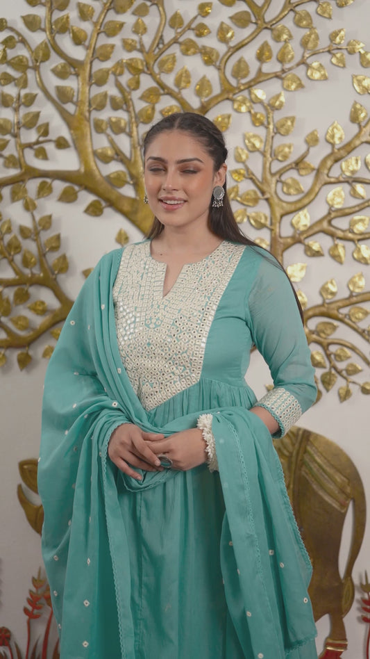Embroidered Cotton Voile Solid Anarkali Teal Kurta