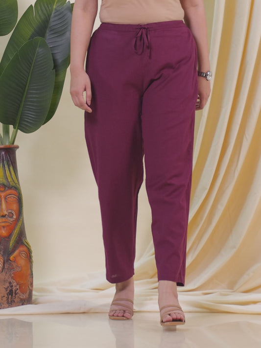 Linen Cotton Solid Maroon Tapered Trousers