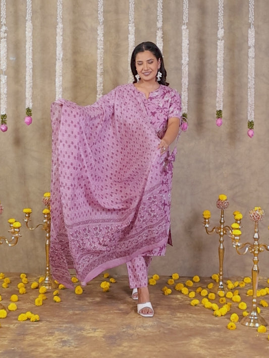 Soft Cotton Floral Straight Purple Kurta