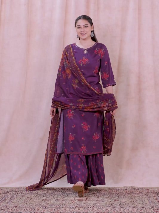 Embroidered Viscose Floral Straight Mauve Kurta