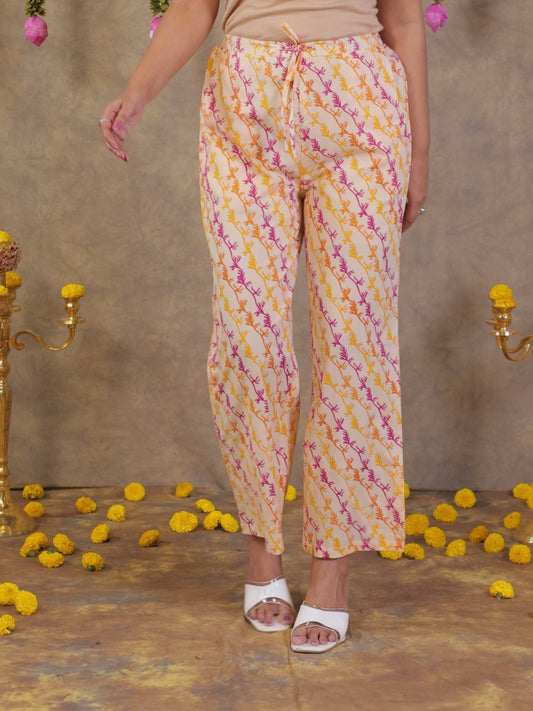 Soft Cotton Foliage Cream Straight Trousers