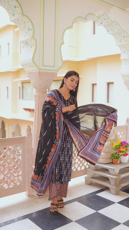 Soft Cotton Ajrakh Straight Black Kurta