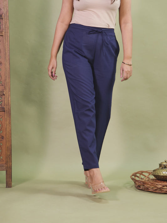 Soft Cotton Solid Blue Tapered Trousers