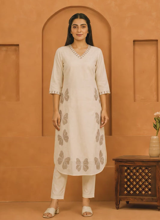 Embroidered Linen Cotton Straight Off White Kurta