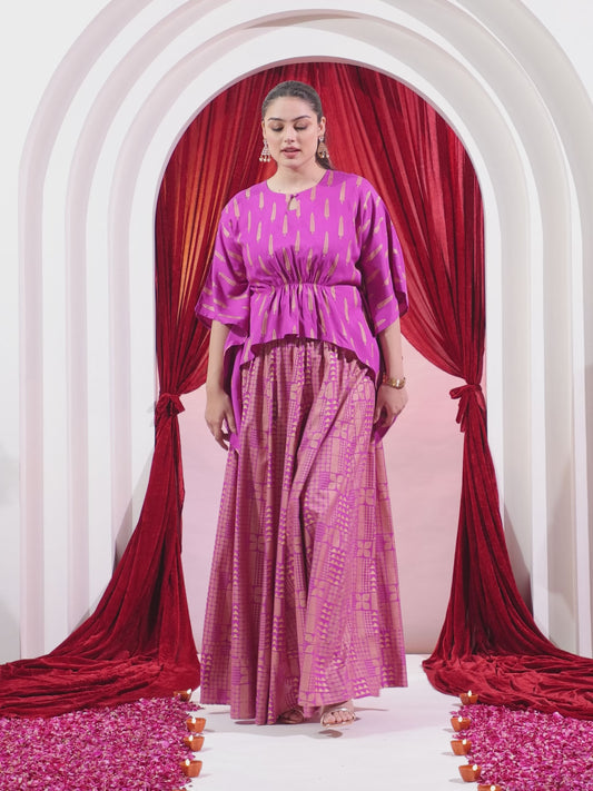 Viscose Gold foil Asymmetric Kaftan Pink Top