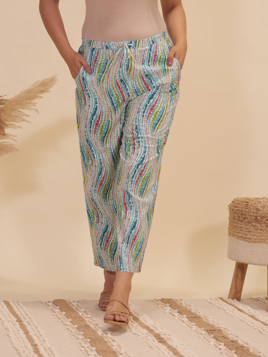 Soft Cotton Abstract Green Straight Trousers