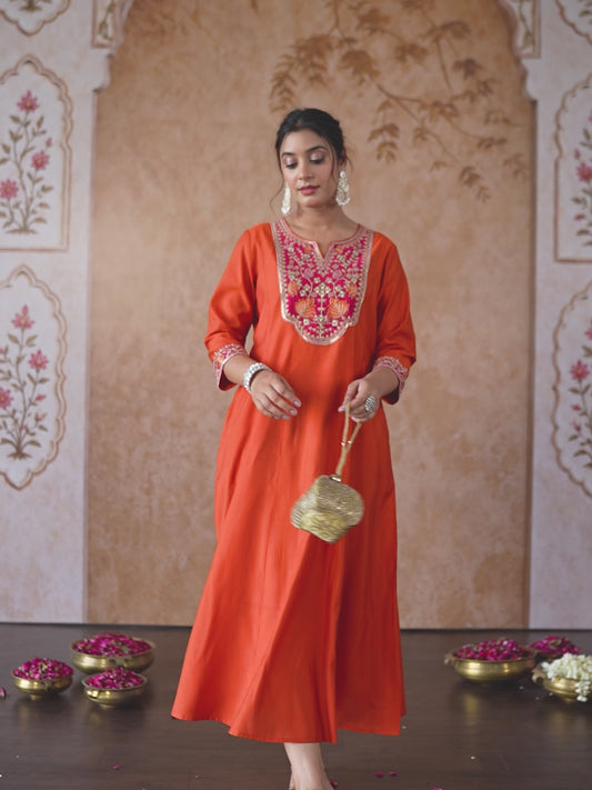 Embroidered Chanderi Solid Anarkali Orange Dress