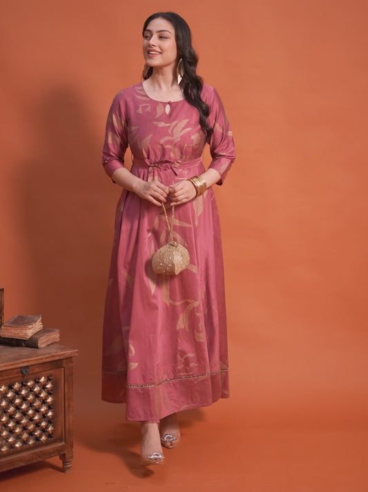 Chanderi Floral Anarkali Old Rose Dress (With Belt)