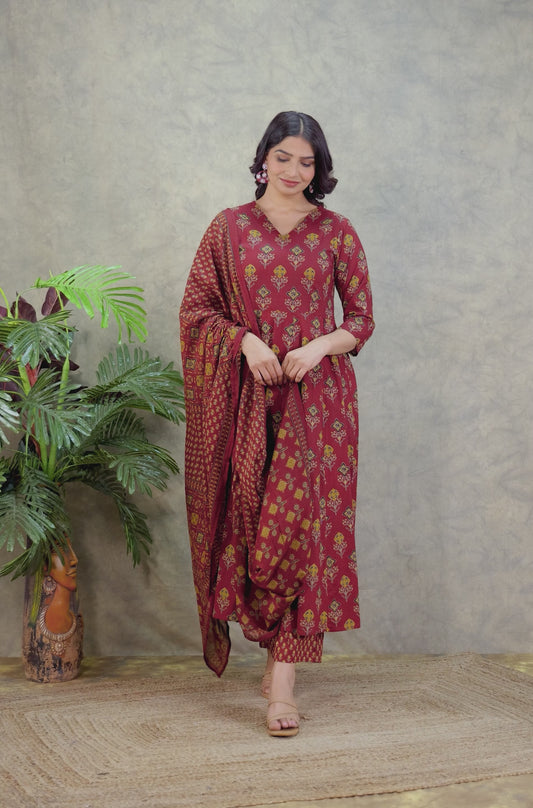 Soft Cotton Geometric Angrakha Red Kurta