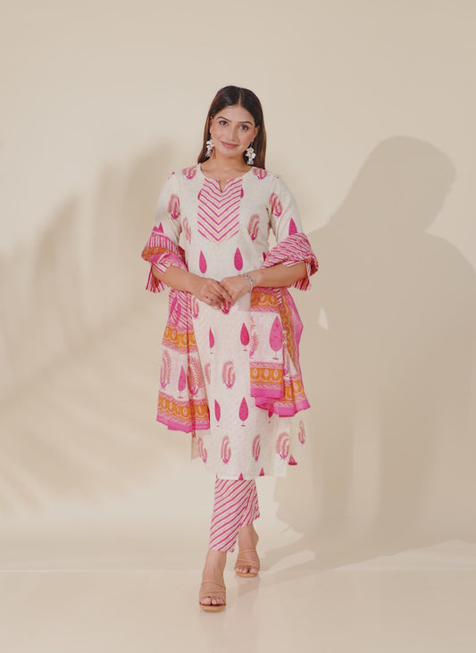 Soft Cotton Block Print Straight Pink Kurta