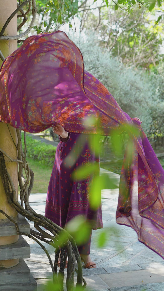 Embroidered Viscose Floral Flared Mauve Kurta