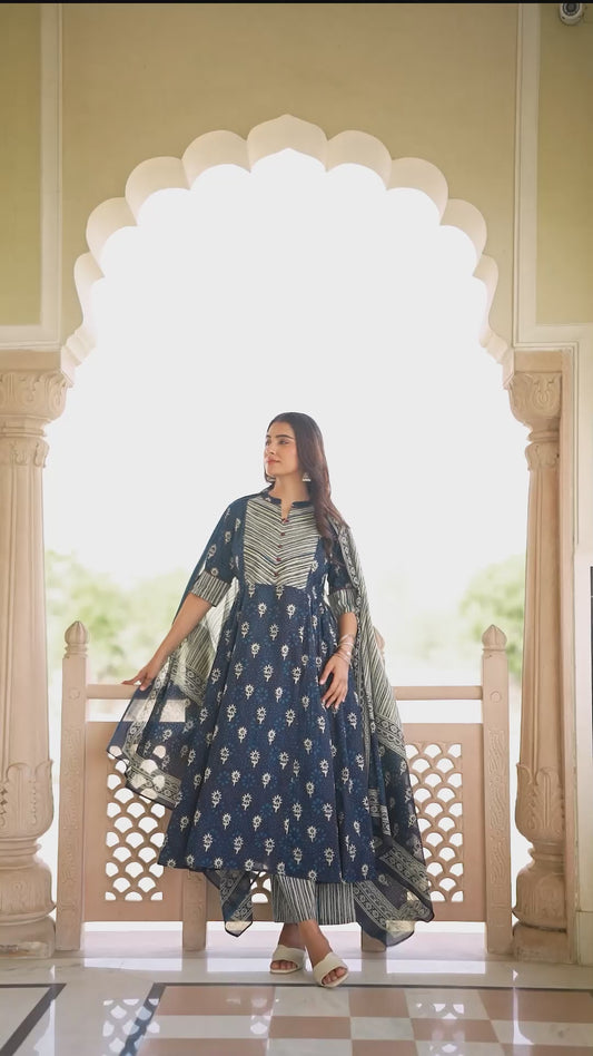 Soft Cotton Floral Flared Blue Kurta