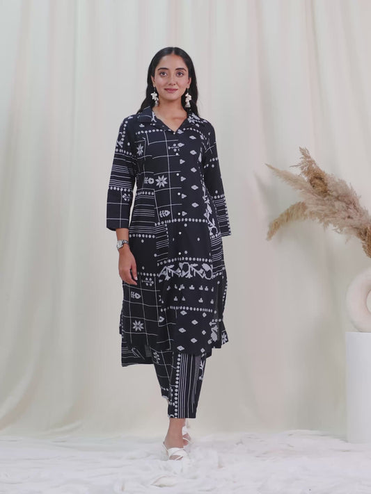 Soft Cotton Patchwork High Low Black Kurta
