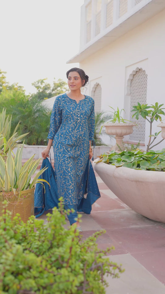 Chanderi Gold foil A-line Blue Kurta
