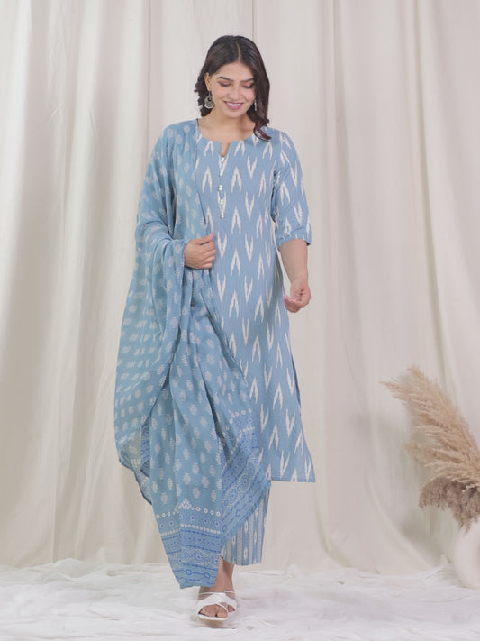 Kantha Cotton Ikat A-line Blue Kurta