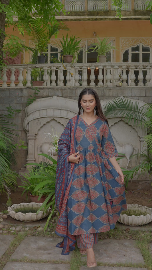 Soft Cotton Ajrakh Angrakha Blue Kurta