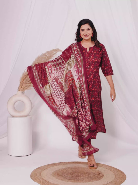 Embroidered Soft Cotton Floral A-line Maroon Kurta