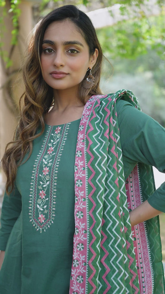 Embroidered Soft Cotton Solid Straight Green Kurta
