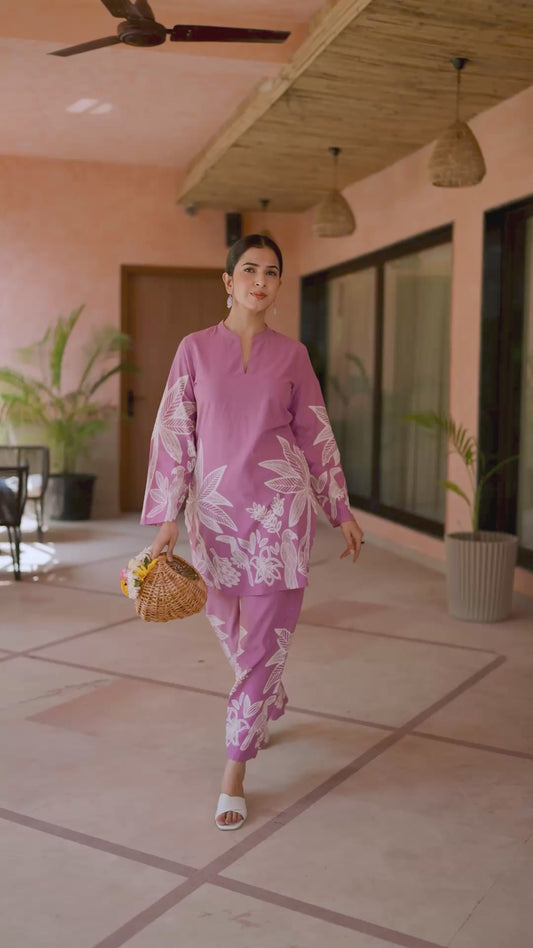 Soft Cotton Placement Print Straight Purple Co-Ord