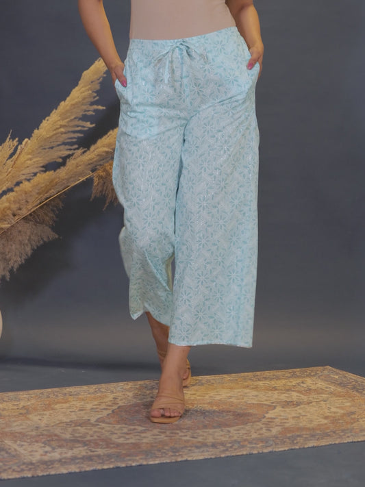 Lurex Cotton Floral Turquoise Palazzo