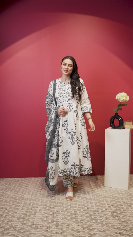 Embroidered Soft Cotton Butta Anarkali Off White Kurta
