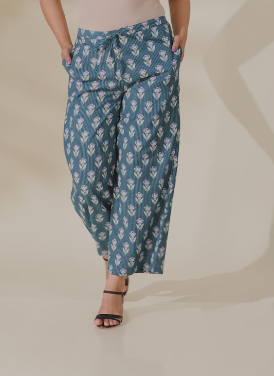 Kantha Cotton Block Print Teal Palazzo