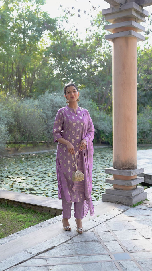 Chanderi Gold foil Straight Purple Kurta
