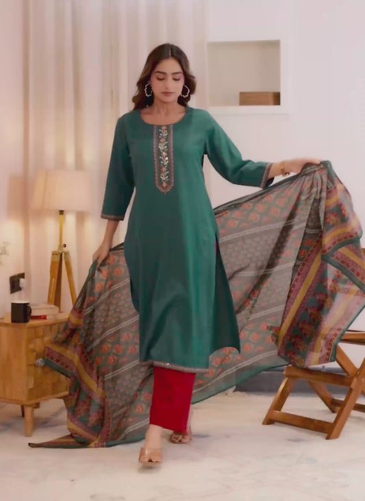 Embroidered Linen Cotton Solid Straight Teal Kurta