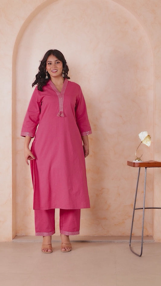 Embroidered Linen cotton Solid Straight Pink Kurta