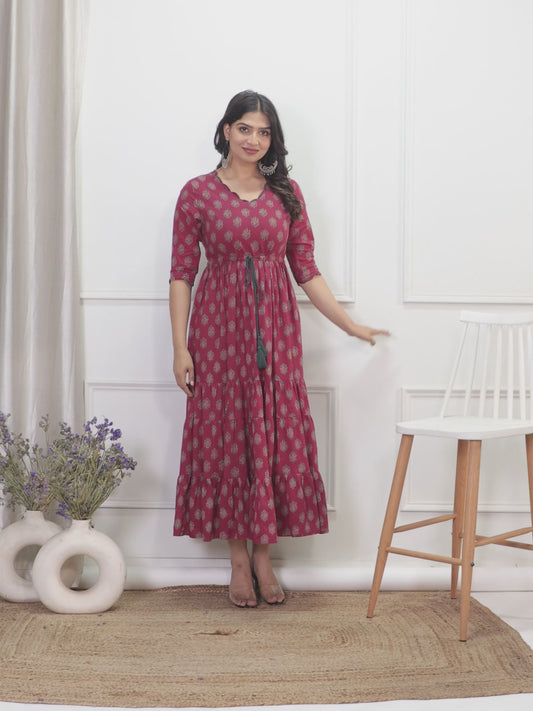 Embroidered Soft Cotton Floral Tiered Maroon Dress