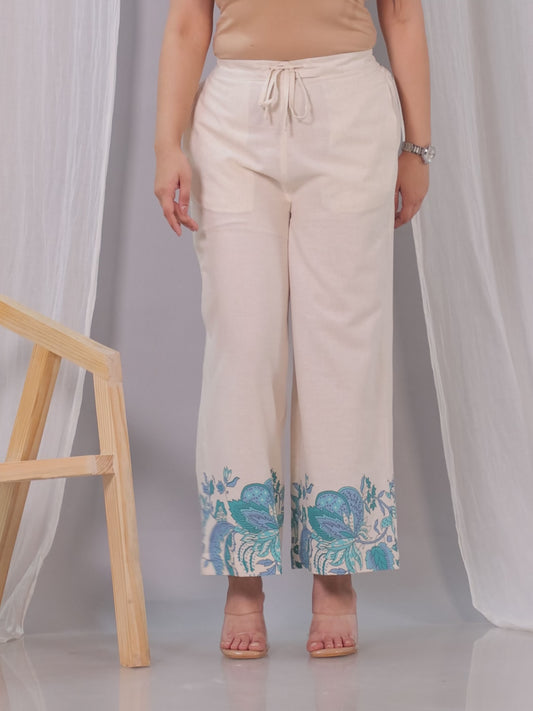 Linen Cotton Placement Print Off White Palazzo