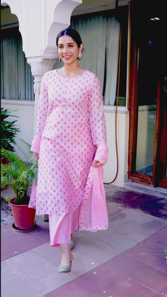 Chanderi Floral Straight Baby Pink Kurta