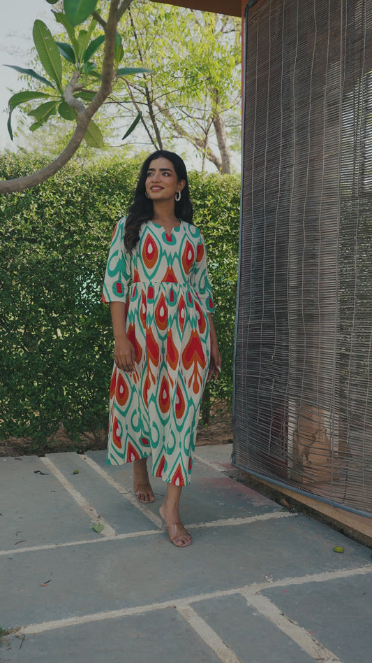 Linen Cotton Geometric Gathered Off White Dress