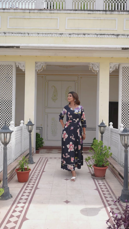 Embroidered Soft Cotton Floral Anarkali Blue Dress