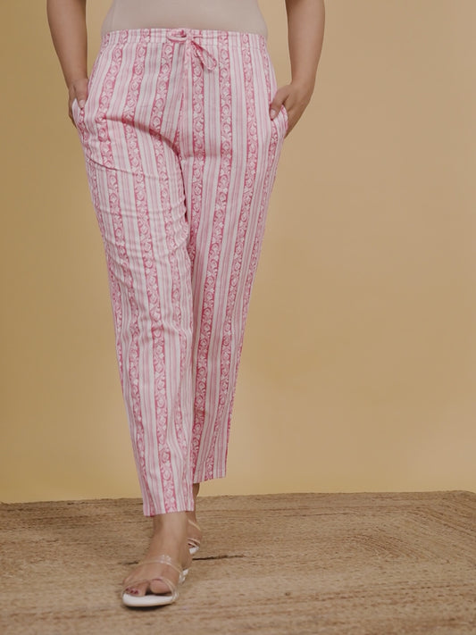 Soft Cotton Striped Pink Tapered Trousers