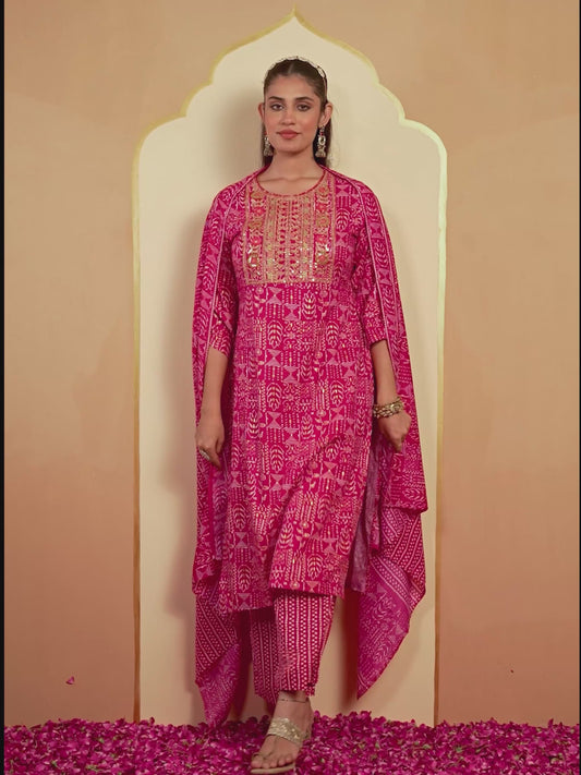 Embroidered Viscose Gold Foil Straight Pink Kurta