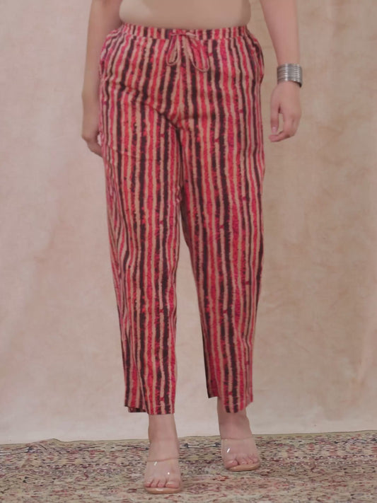 Soft Cotton Striped Pink Straight Trousers